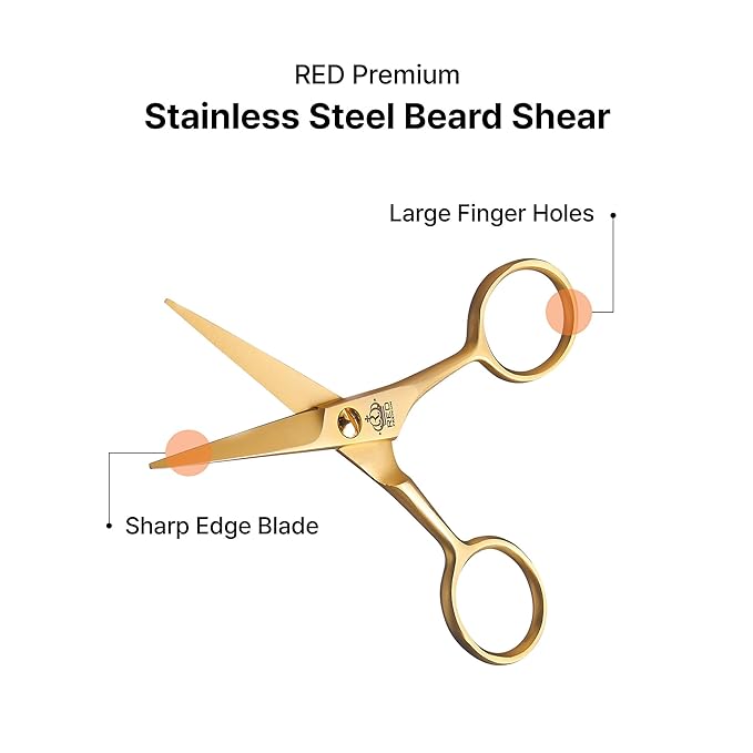 RED by Kiss Premium Stainless Steel Men Beard Shear, Grooming Facial Hair Trimmer Scissors with Sharp Edge for Mustache Beard & Sideburns Precision, No Pulling, Control & Comfort with Perfect Size