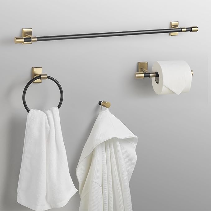 GLOBE Electric 63000058 5-Piece All-in-One Bathroom Accessory Set, Brass & Black, 3-Light Vanity Light, Towel Bar, Toilet Paper Holder, Towel Ring, Robe Hook, Bathroom Lights Over Mirror