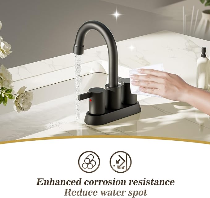 Phiestina 4 Inch 2 Handle Centerset Matte Black Lead-Free Modern Bathroom Faucet 2 Pack, 360 Swivel Spout 2-3 Hole RV Bathroom Vanity Sink Faucet with Pop Up Drain,Water Supply Lines,BF15-1-MB-2PACK