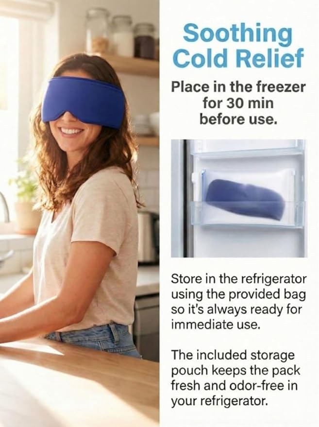 Cooling Gel Eye Mask for Puffy Eyes, Migraine & Headache Relief, Full Eye-Area Cold Compress for Eyes & Temples, FSA Eligible HSA Reusable Eye Ice Pack for Swelling & Post-Surgery Recovery