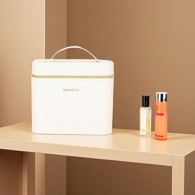 Sluxa Luxury Fashion makeup box, Portable leather hard cosmetic case with mirror, Sturdy train case make up box for women adults. (Double-white)
