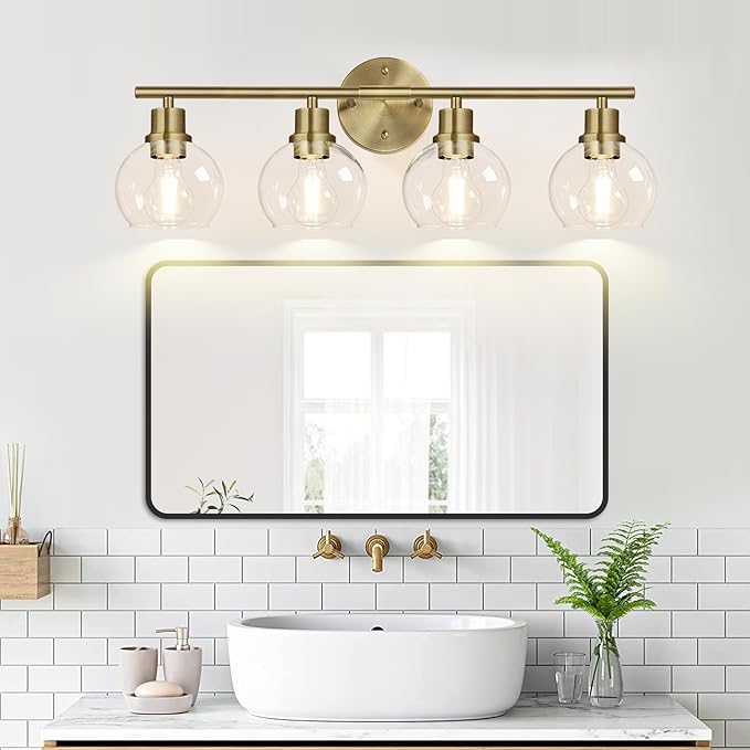 4-Light Bathroom Light Fixtures, Brushed Brass Bathroom Lights Over Mirror with Clear Glass Globe Shade, Vanity Lights for Bathroom Kitchen Living Room Hallway Cabinet Bedroom Porch