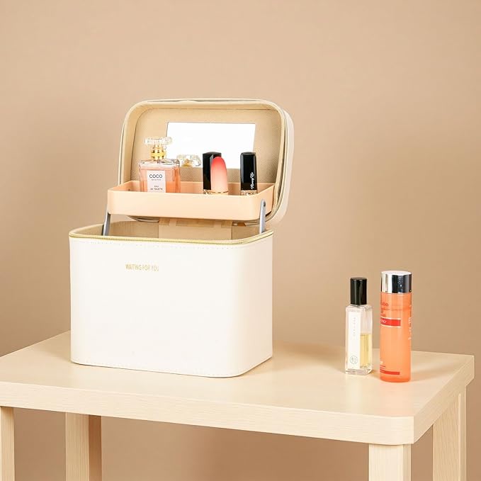Sluxa Luxury Fashion makeup box, Portable leather hard cosmetic case with mirror, Sturdy train case make up box for women adults. (Double-white)