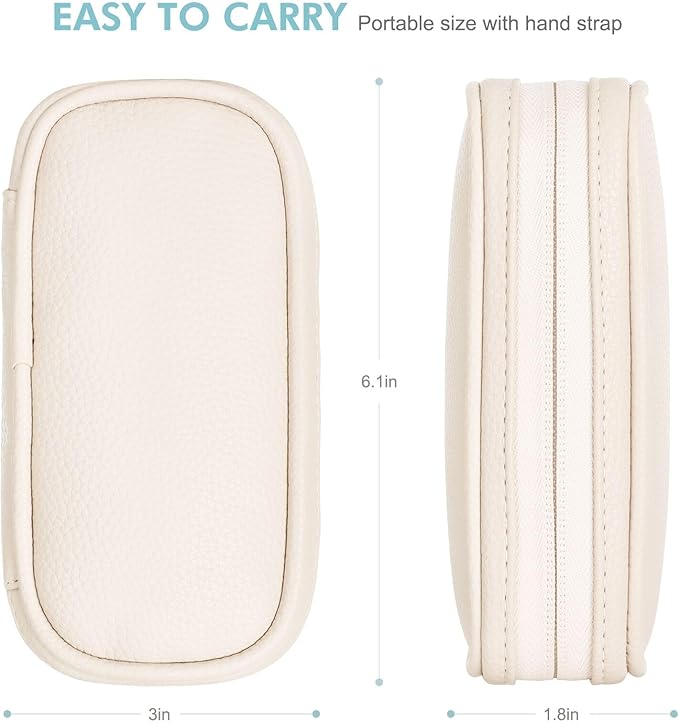 Teircno Portable Tampon Organizer Bag, Beige PU Pouch with Handle and Zipper for Women's Period Products