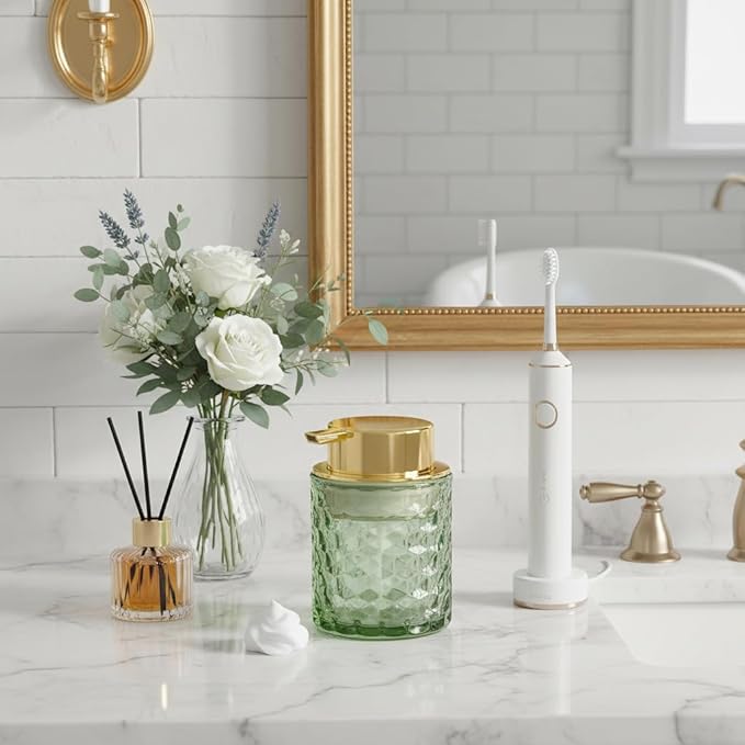 Fvstar 10 Oz Glass Hand Soap Dispenser with Pump, Refillable Bathroom Gold Foaming Soap Dispenser, Vintage Glass Diamond Lotion Container Bottle for Bathroom and Kitchen (1, Green and Gold)