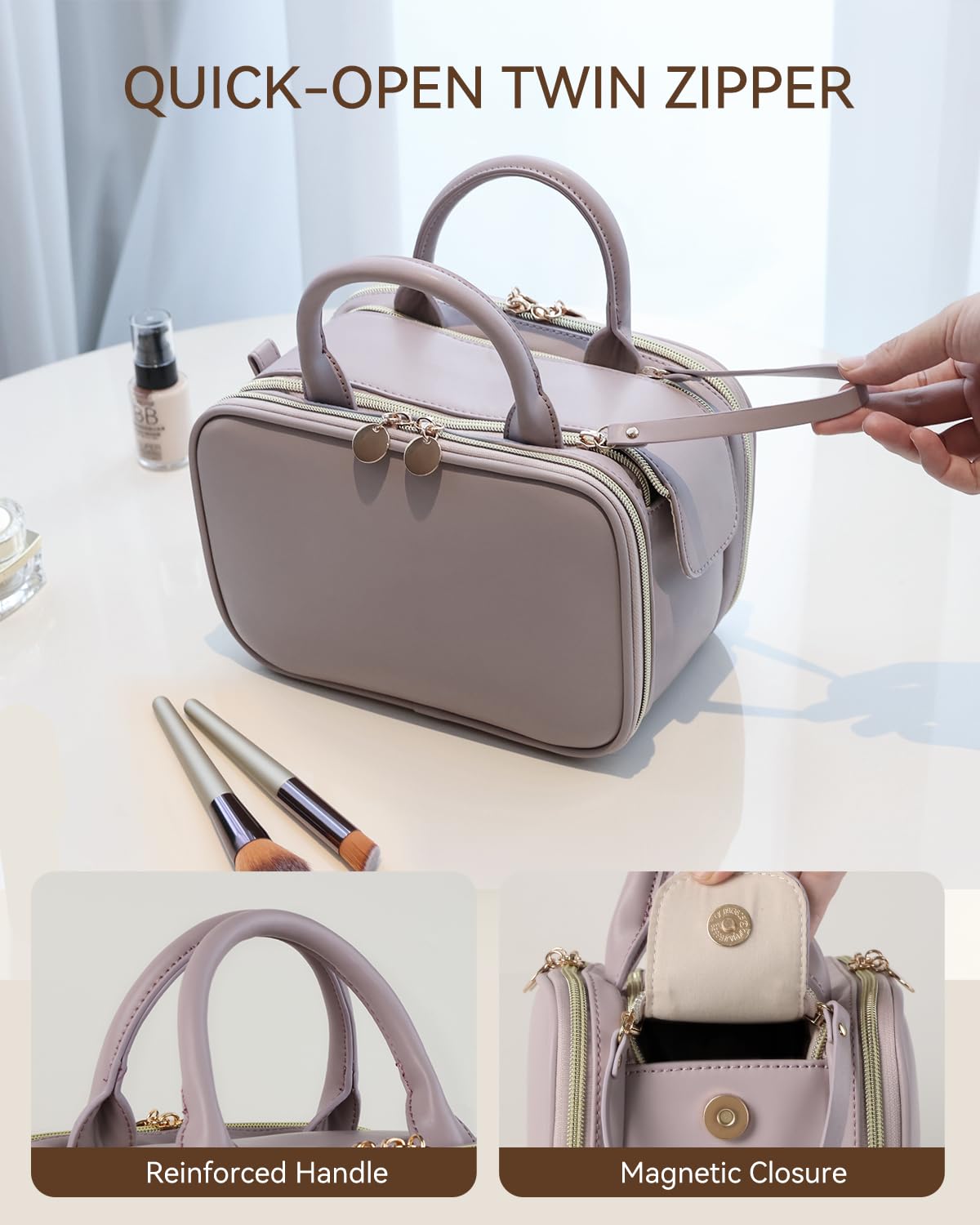 Prite Large Makeup Bag, Waterproof Travel Cosmetic Case with Brush Holder