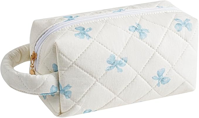 HHQQWZ Makeup Bag Travel Cosmetic Bag for Women, Zipper Make Up Pouch, Floral Flowers Toiletry Organizer Makeup with Handle, Cosmetic Travel Cloth Bag (Blue Bow Tie)