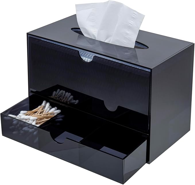 MyGift Premium Black Acrylic Cosmetic Organizer Caddy and Tissue Box Cover with Pull Out Makeup Storage Drawer - Countertop Bathroom Supplies Holder
