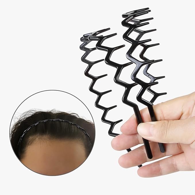 WOVOWOVO Zig Zag Headbands for Women Teen Girls Men, Plastic Hair Bands with Teeth Thin Zigzag Head Bands for Women, Non Slip Black Comb Hairbands Hair Accessories, 4 Packs