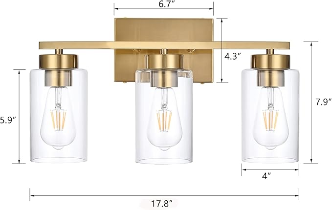 A1A9 3-Light Bathroom Vanity Light, Modern Brushed Gold Wall Lights with Clear Glass Shades, Bathroom Wall Sconce Lamp for Mirror Living Room Bedroom Hallway