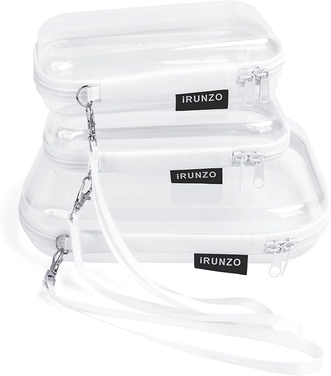 iRUNZO 3 PCS Clear Hard Shell Zipper Case With Handle Strap，Clear Plastic Waterproof Cosmetic Makeup Bags Toiletry Pouches for Travel With Double Zipper，Kid's Toy Storage Organizer Bins Box