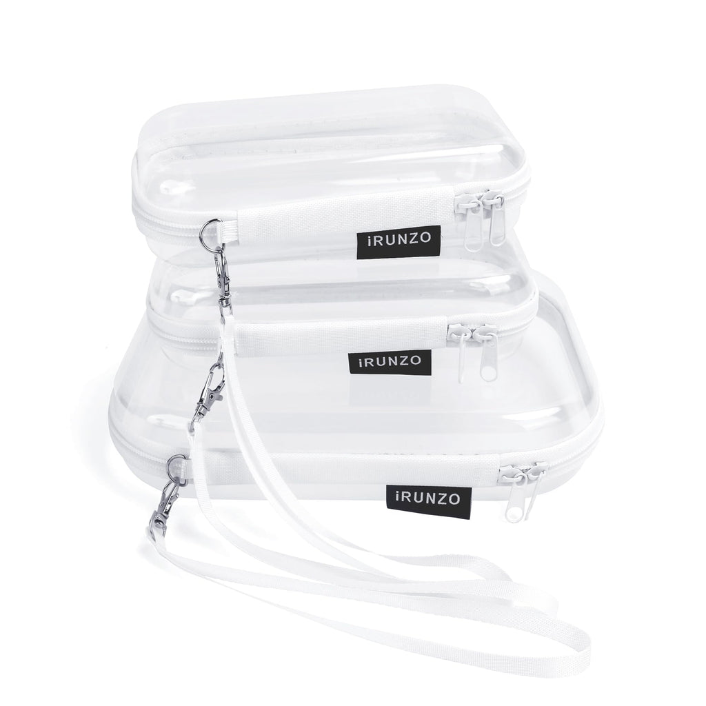 iRUNZO 3 PCS Clear Hard Shell Zipper Case With Handle Strap，Clear Plastic Waterproof Cosmetic Makeup Bags Toiletry Pouches for Travel With Double Zipper，Kid's Toy Storage Organizer Bins Box