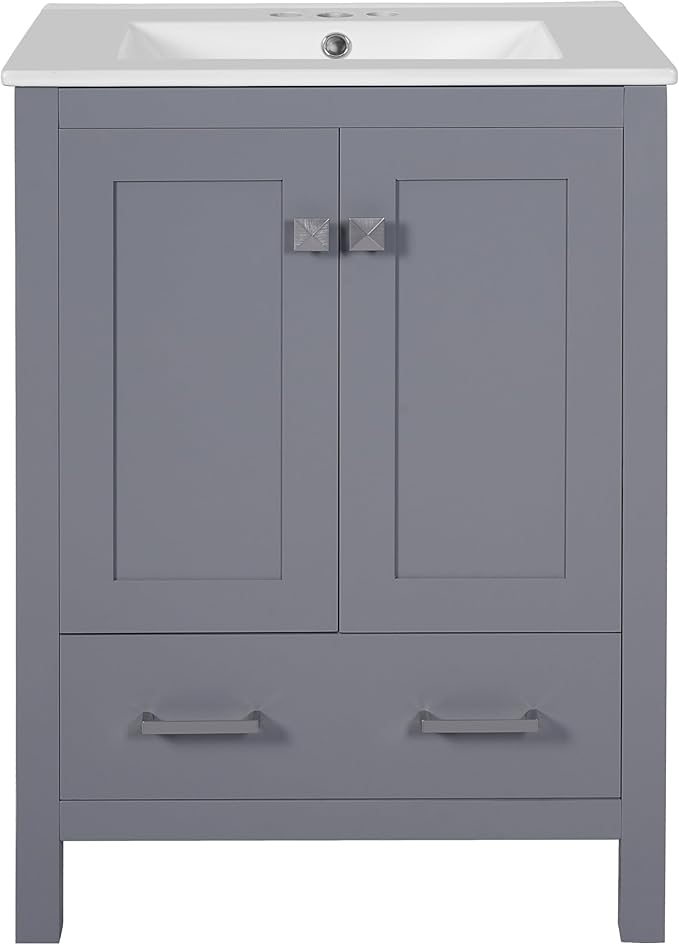 Bellemave 24" Bathroom Vanity with Sink Combo Set, Solid Wood Frame Bathroom Storage Cabinet with a Drawer, 2 Soft Closing Cabinet Doors with Organizer, Grey