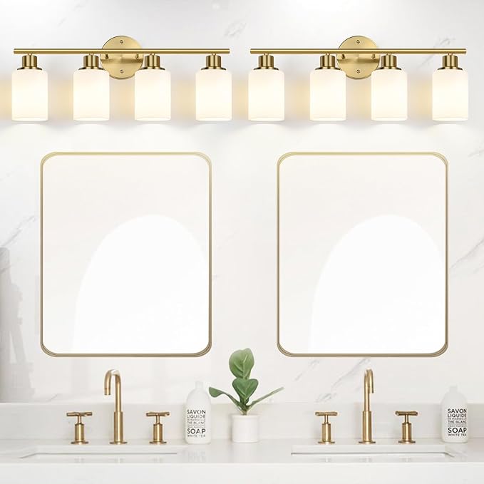 Zarbitta 4-Light Bathroom Light Fixtures, Brushed Gold Modern Vanity Lights with Milky White Frosted Glass Shades, Bathroom Wall Lamp for Mirror Kitchen Living Room