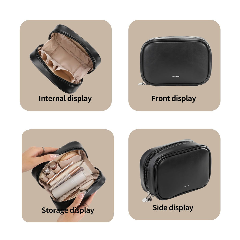 RIGHT AWAY Small Makeup Bag for Purse,Travel Cosmetic Bag Organizer for Women,Cute Make Up Pouch Waterproof Toiletry Bag with Zipper,Portable Makeup Case Skincare Bag for Travel Accessories(Black)