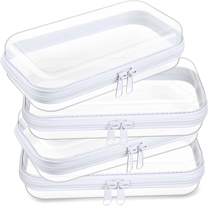 Hoolerry 4 Pcs Hard Clear Zipper Case Makeup Bags Plastic Zipper Pouch Transparent Storage Box Containers for Cosmetics, Snacks, Building Blocks, Puzzles(Clear,7.5 x 3.9 x 2 in,White)