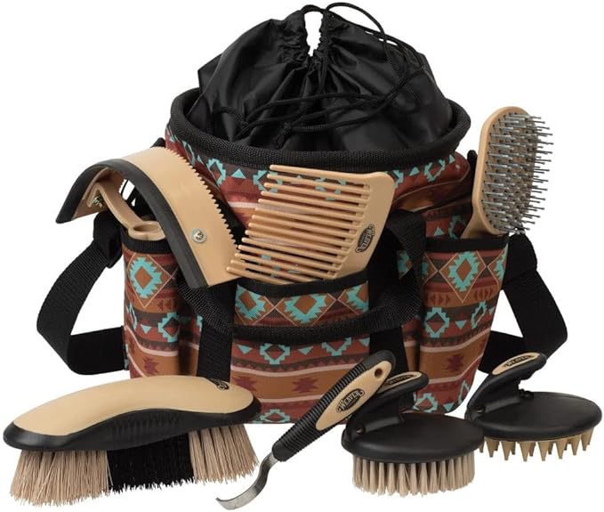 Weaver Equine Horse Grooming Kit, 7-Piece Horse Brush Set with Organizer Tote Bag, Hoof Pick, Comb, Sweat Scraper, Equine Tools for Daily Grooming, Lost Creek