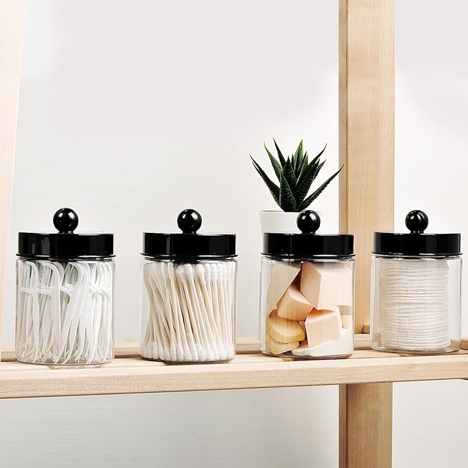 6 Pack Qtip Holder Dispenser - Acrylic Apothecary Jars with Lids for Bathroom Plastic Vanity Storage Accessories, Countertop Organizers Farmhouse Decor Canister for Cotton Swabs,Makeup Sponges