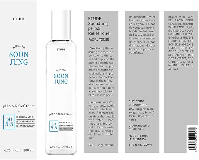 ETUDE SoonJung pH5.5 Relief Toner, Hydrating Toner for Sensitive Skin, Vegan Face Toner, Panthenol, Madecassoside, Moisturizer, Korean Skin Care, Korean Toner, Beauty (6.76 Fl Oz)