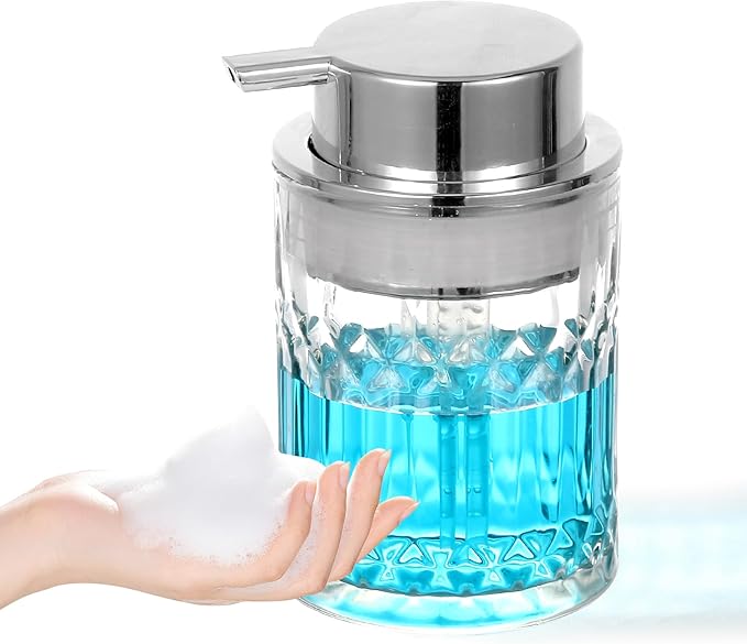 PLOUTA HOME Foaming Soap Dispenser,Clear Glass Foam Hand Soap Dispenser for Bathroom, Refillable 8 Fl Oz Foamy Pump Bottle with Large Sliver Pump, Modern Diamond Dish Soap Foam Dispenser Container