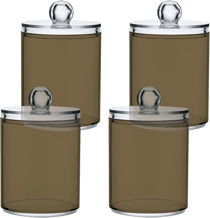 Tan Qtip Holder Organizer Dispenser Cotton Swabs Cans Plastic Jars with Lid Set 4 Pack Bathroom Storage Canister for Cotton Ball Floss Cotton Pads