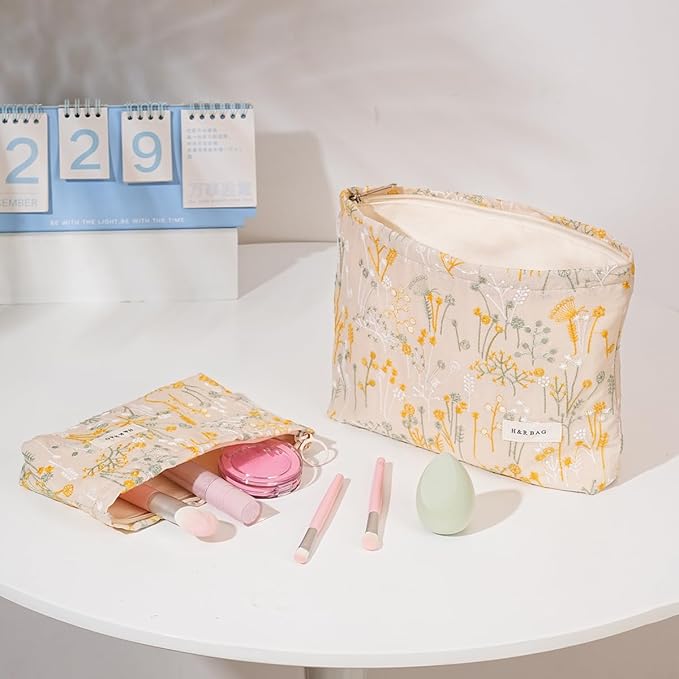 BOCGRPU 2 Pcs Floral Embroidery Cosmetic Bag Travel Makeup Organizer for Women, Foldable Toiletry Bag with Large Storage, Stylish Gift for Her（Dasiy Yellow）