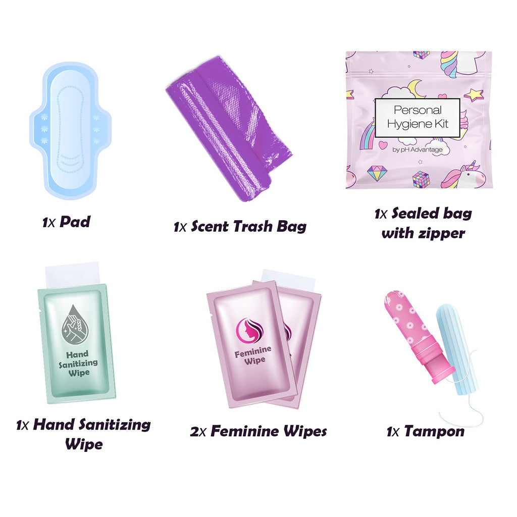 Menstrual Kit All-in-One 10 Pack | Convenience on The Go | Period Kit Pack for Travelling, Tweens & Teenager | Individually Wrapped Feminine Hygiene Product (Rainbows and Unicorns)