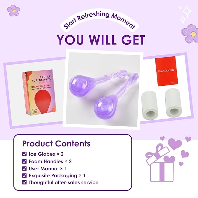 Facial Ice Globes, Cryo Cooling Balls with Anti-Slip Handle for Face, Eyes & Neck, Relaxing Beauty Massage Tool for Soothing and Refreshing Skincare Routine, Quicksand Purple