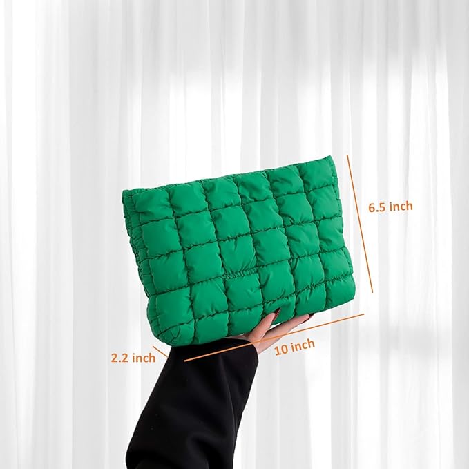 HFLZBRO Puffy Quilted Makeup Bag for Women, Cosmetic Bag, Travel Toiletry Organizer Pouch Clutch (green)