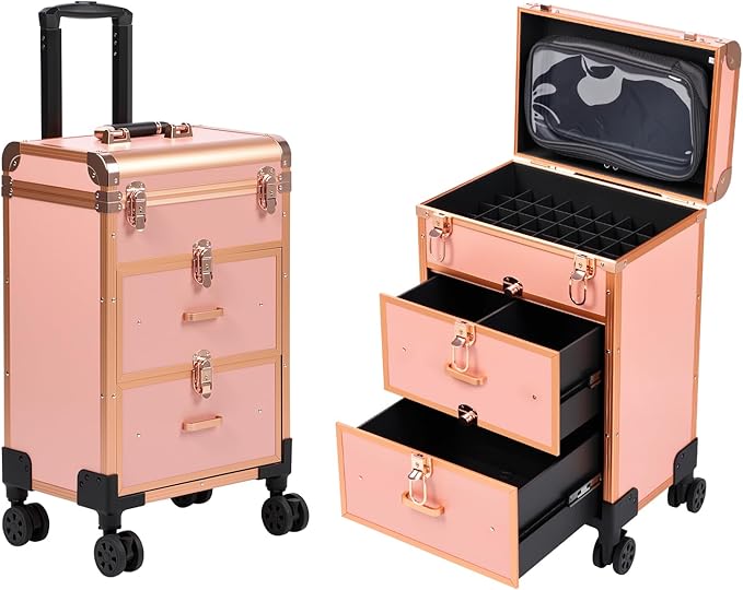 3 in 1 Rolling Makeup Case, Professional Cosmetology Case on Wheels, Detachable Clear Makeup Bag & Nail Polish Organizer, Portable Makeup Trolley with Drawers for Makeup Artists & Nail Technicians