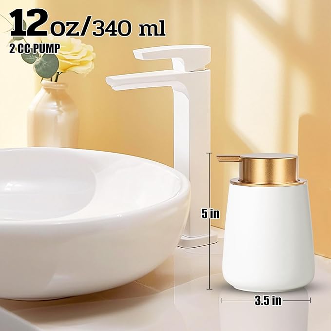 Foaming Soap Dispenser - 12 Oz White Ceramic Foam Hand Soap Dispenser for Bathroom, Face Wash Dispenser Bottle with Matte Golden Foam Pump, Refillable Dish Dispenser for Kitchen