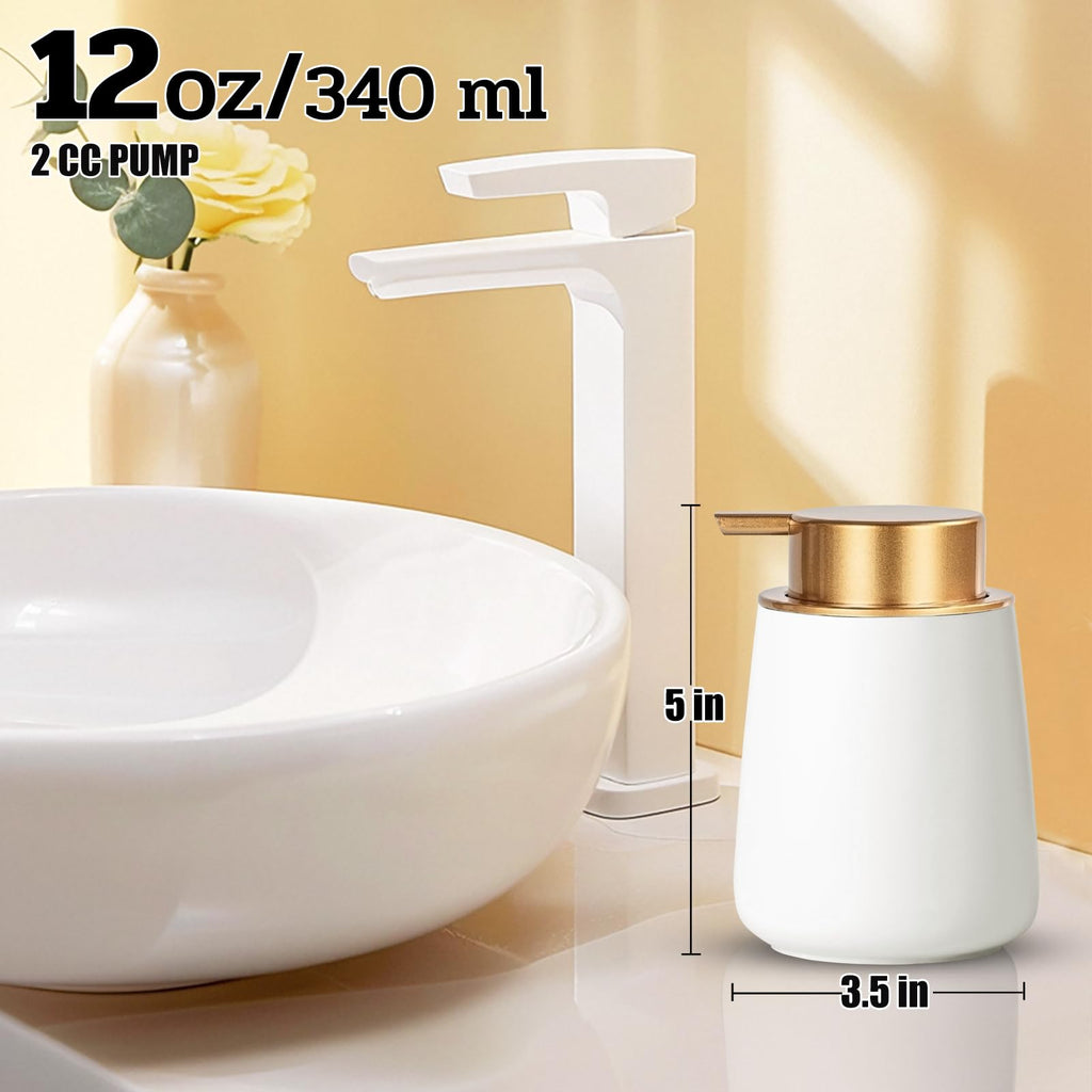 AZMOYAC Foaming Soap Dispenser - 12 Oz White Ceramic Foam Hand Soap Dispenser for Bathroom, Face Wash Dispenser Bottle with Matte Golden Foam Pump, Refillable Dish Dispenser for Kitchen