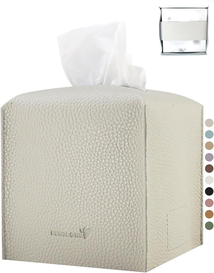 PENGLONG Tissue Box Cover 5X5X5'' PU Leather Tissue Holder Square Tissue Cube Box Organizer for Bathroom Vanity Countertop, Car, Night Stands, Office, Home, Kitchen (1Pack, Lime White)