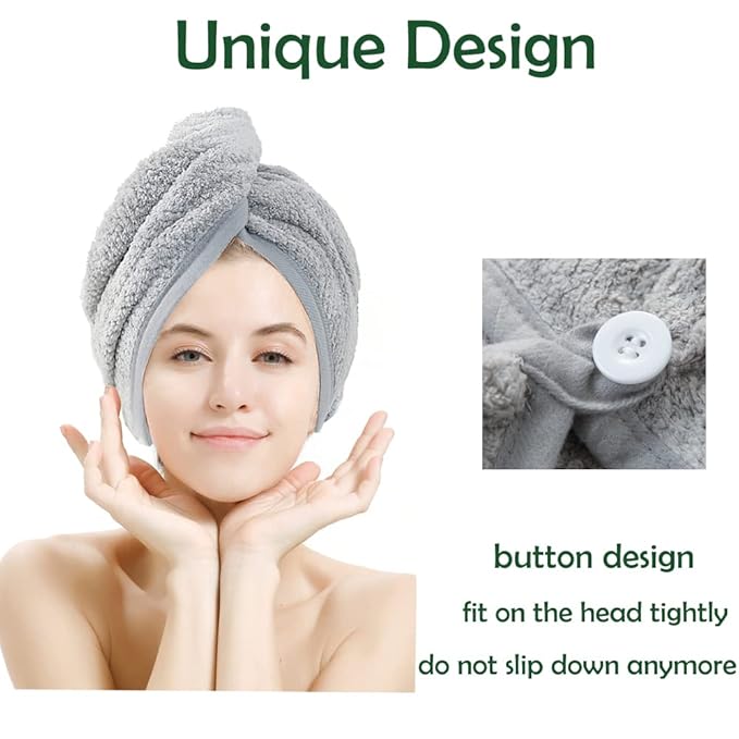M-bestl 2 Pack Hair Towel Wrap,Absobent Hair Drying Towel with Buttons, Microfiber Hair Towel Wrap to Dry Hair Quickly (Beige&Gray)