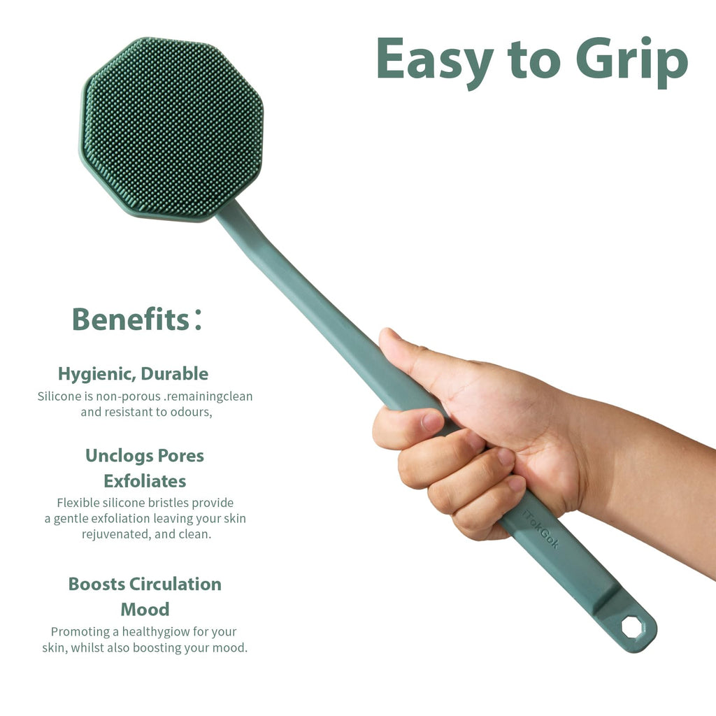 iTokGoK® Silver-Infused Silicone Back Scrubber with Long Handle Back Brush for Shower,Back Brush Long Handle for Men and Women,Ergonomic No-Slip Handle, Long-Lasting (Midnight Green)