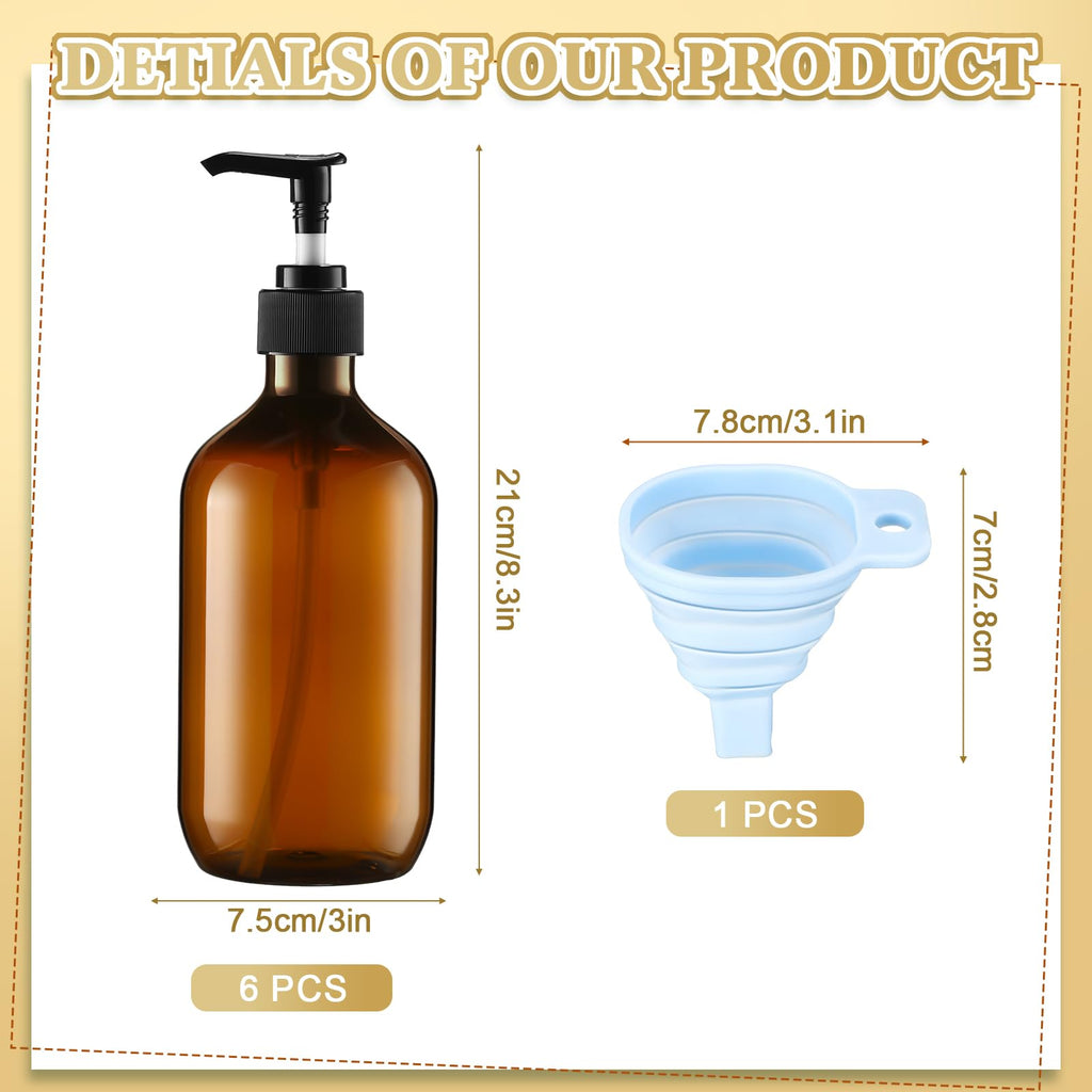Sliner 6 Pcs Shampoo and Conditioner Dispenser Bottles 16.9 oz Plastic Shower Bottles with Pump and 1 Silicone Funnel Reusable Hand Soap Containers for Bathroom Shower(Amber)