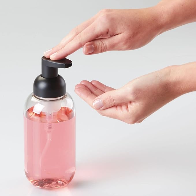 mDesign Round Plastic Refillable Foaming Soap Dispenser Pump Bottle for Bathroom Vanity Countertop - Vintage-Inspired, Compact Container Design - Twain Collection - 2 Pack - Clear/Matte Black