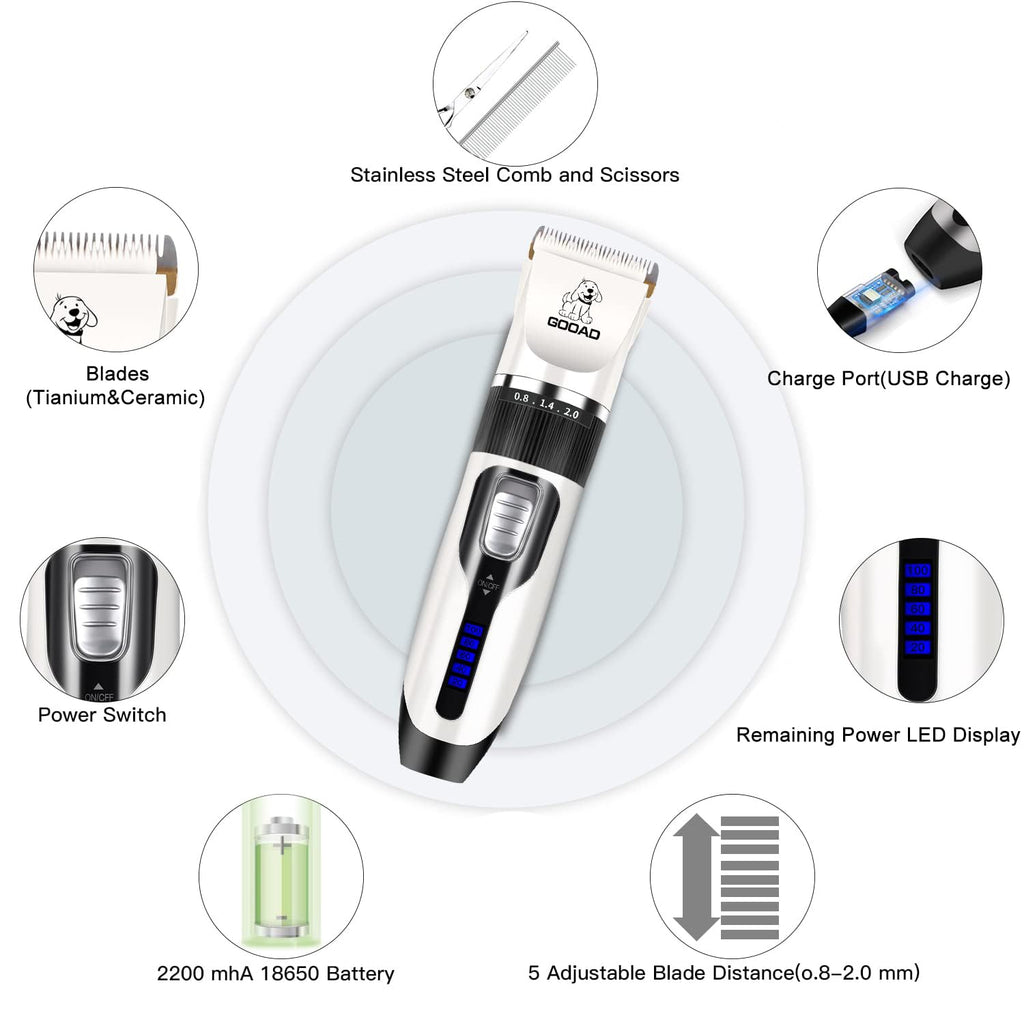 Gooad Dog Clippers Grooming Kit and Paw Trimmer,Cordless,Low Noise, Electric Quiet,Rechargeable, Dog Trimmer Grooming, Pet Hair Clippers for Thick Coats,Shaver for Small and Large Dogs Cats