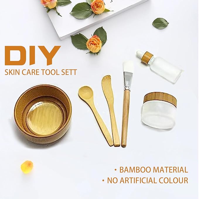 BEECO GIF2U Face Mask Mixing Bowl Set Bamboo,7 Pcs DIY Facemask Mixing Tool Kit with Facial Mask Bowl,Spatula,Spoon,Brush,Empty Refilable Lotion Pump Bottle,Cream Jar and Dropper Bottle for Skincare