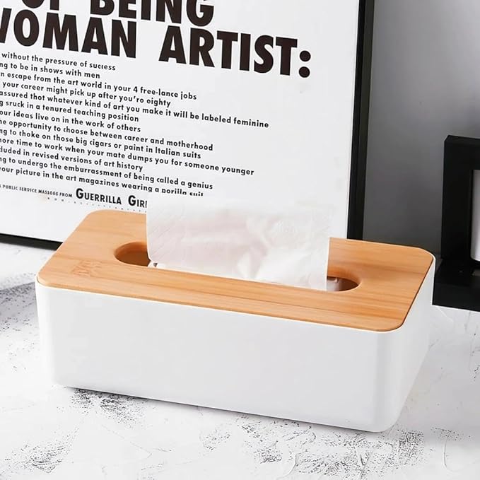 Tissue Box with Bamboo Cover, Plastic Tissue Organizer, Bathroom Tissue Dispenser for Home, Bedroom, Office, Living Room, 8.1 × 4.5 × 3.1 in (White)