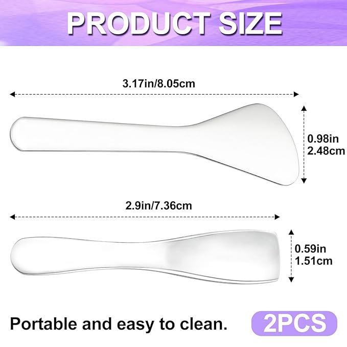 Pndeyo 2pcs Mini Metal Makeup Spatula, Reusable Cosmetic Cream Spatulas Spoon, Skincare Scoop Applicator Facial Massage Beauty Tools for Mixing and Sampling Face Eye Cream- Silver