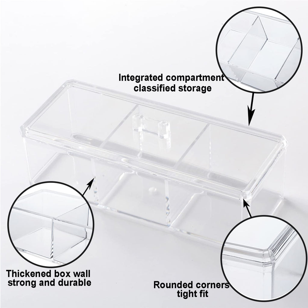 Square Qtip Holder Dispenser, 3 Compartments Cotton Ball Holder, Bathroom Canisters for Cotton Swab, Ball, Cottons Pad Organizer, Clear Acrylic Containers with Lid for Bathroom Vanity Countertop