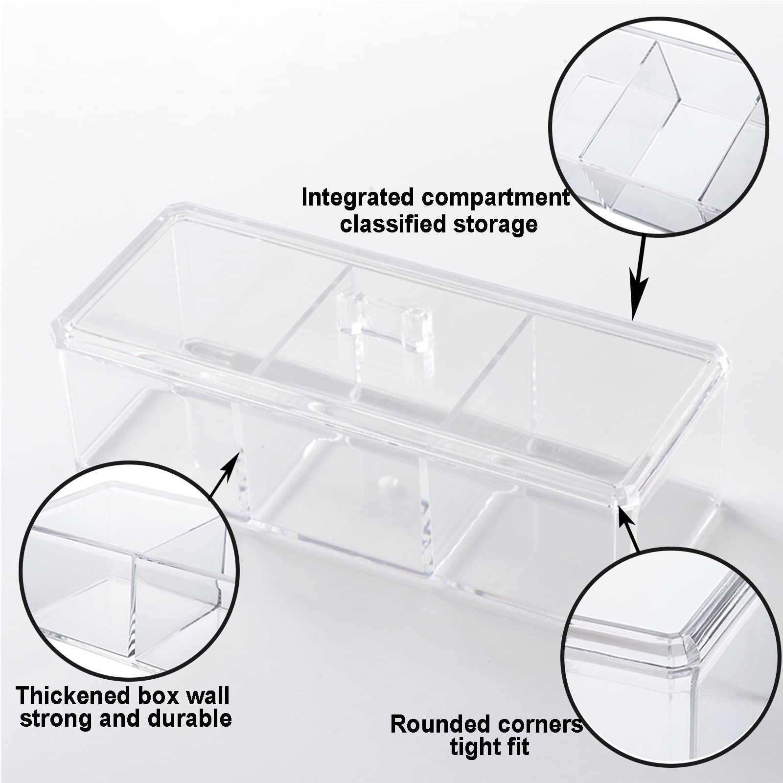 Square Qtip Holder Dispenser, 3 Compartments Cotton Ball Holder, Bathroom Canisters for Cotton Swab, Ball, Cottons Pad Organizer, Clear Acrylic Containers with Lid for Bathroom Vanity Countertop