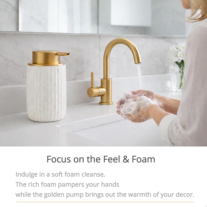 Speckled Matte White Ceramic Foam Soap Dispenser, 12 oz Refillable Pump with Golden Top, Elegant Foaming Dispenser for Bathroom or Kitchen, Speckled White