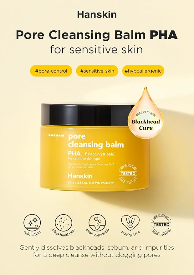 Hanskin PHA Pore Cleansing Balm – Korean Melting Balm Cleanser for Blackheads | Gentle Makeup Remover for Sensitive Skin | Solid-to-Oil Cleanser with PHA & Nourishing Oils | K-Beauty | 2.82 oz