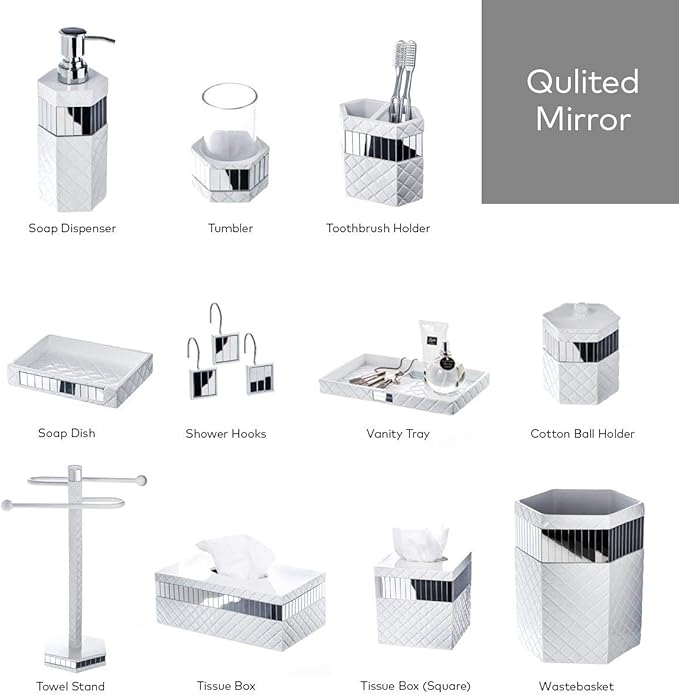 Creative Scents Quilted Mirror White Bathroom Accessories Set - Decorative 6 Piece Bathroom Set Includes: Trash Can, Tissue Box Cover, Soap Dispenser, Toothbrush Holder, Tumbler & Soap Dish