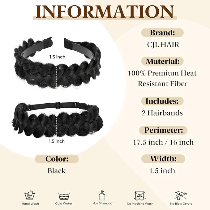 CJL HAIR 2PCs Braided Headbands Hair Piece for Women Synthetic Hair Hoops Head Bands Handmade Braid Hairband Accessories Elastic Stretch Headwrap Black