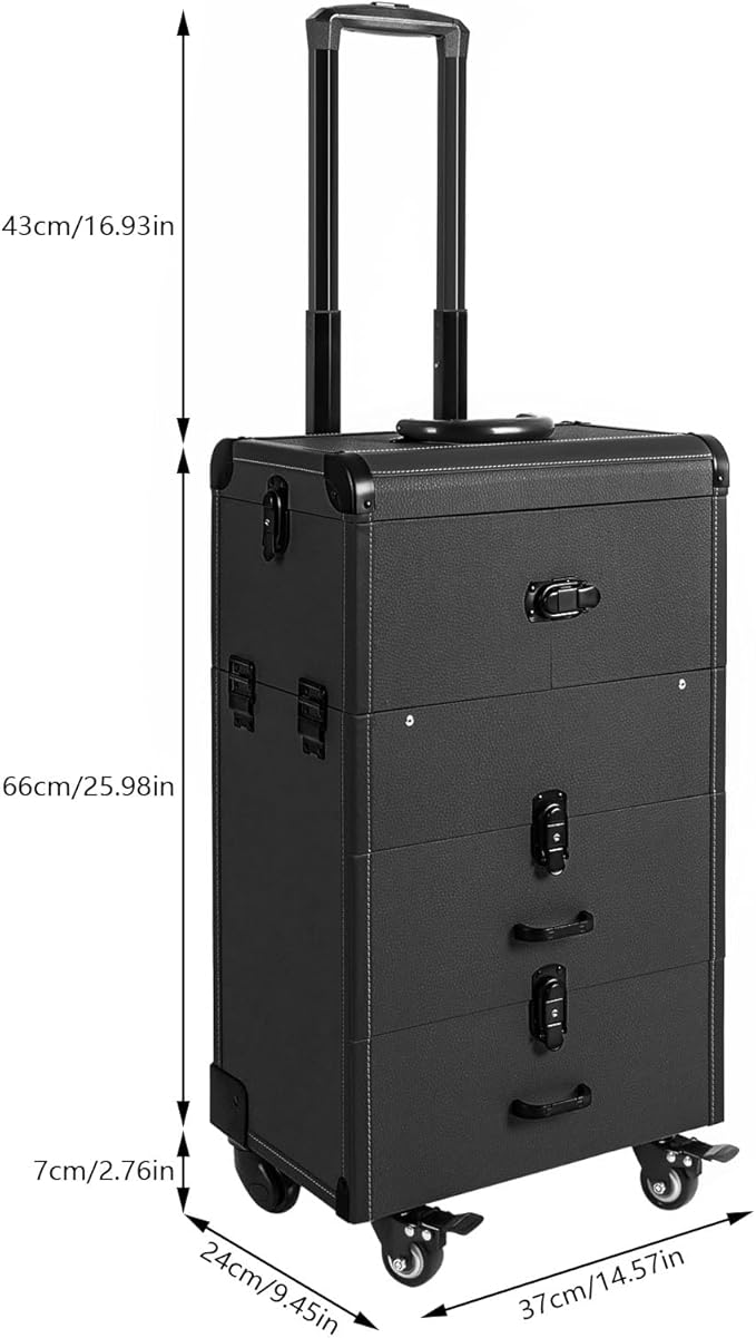Rolling Makeup Train Case with Wheels and Mirror, Lockable Portable Cosmetic Organizer Trolley, Large Make up Cosmetic Orgainzer, Pro Makeup Artists Multifunction Cosmetics Trolley Train Case (Black)