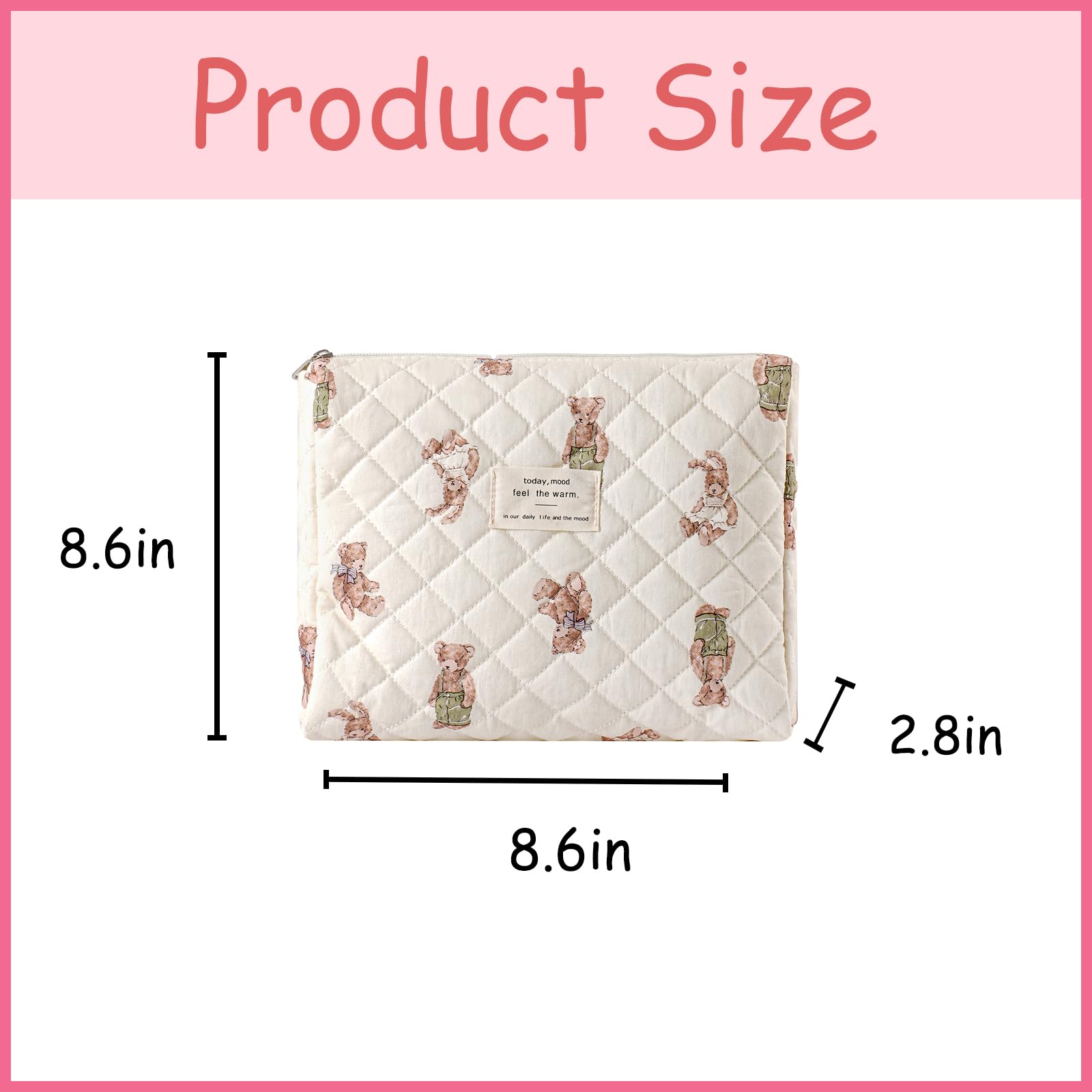 uekeboag Quilted Cotton Makeup Bag,Coquette Quilted Toiletry Bag for Women and Girls,Floral Coquette Pouch,Cute Kawaii Travel Cosmetic Bags(White Bear)
