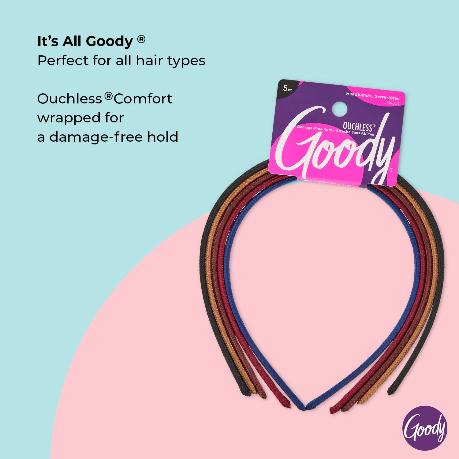 Goody Ouchless Shoestring Headbands, 5 Ct, Assorted Colors, Stylish & Lightweight Thin, Damage-Free Fabric Headbands for Women & Men, All-Day Comfort, For All Occasions, All Hair Types